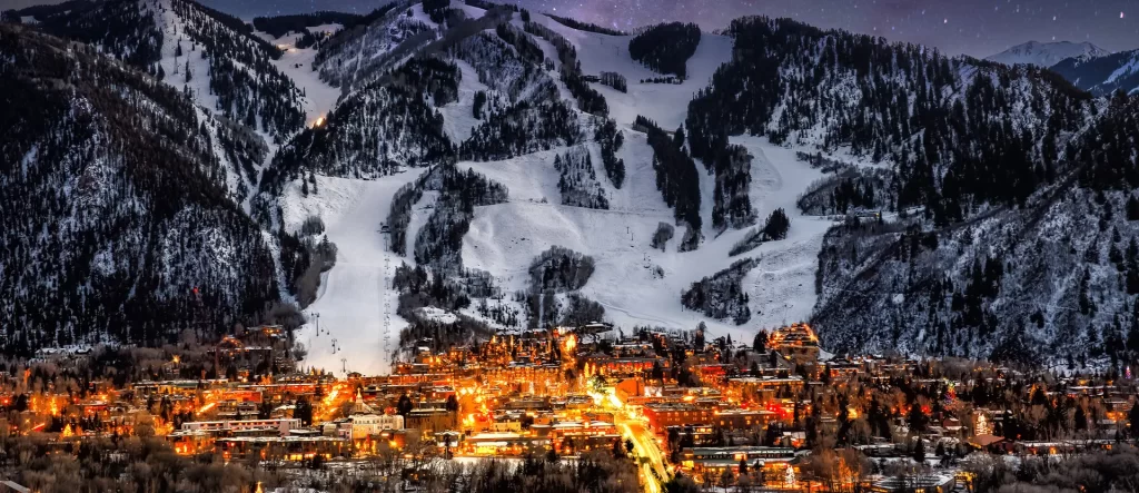 Aspen in winter at night, the town served by Aspen Pitkin County Airport